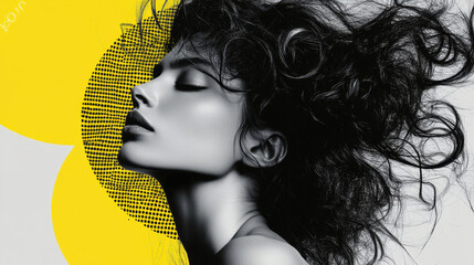 Naklejka premium A captivating fashion poster showcases a model's profile, accentuated by flowing hair and bold black and white contrasts, set against a vivid yellow backdrop.