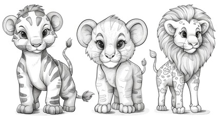 Three cute cartoon-style baby big cats in grayscale.