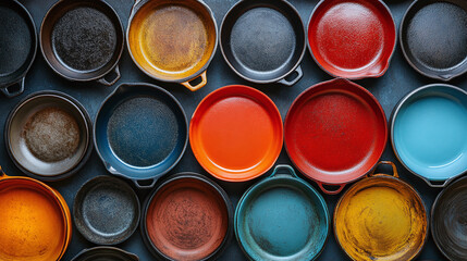 Fototapeta premium Top above view of many frying pans of different colors. metal kitchenware cooking utensil with handle, steel iron domestic home equipment.