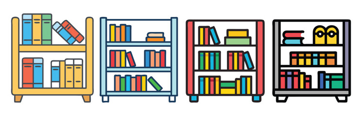 Colorful Bookshelf Vector Illustration Set, Vector illustration of four colorful bookshelves filled with books, showcasing various designs and styles for organized storage and decor.  © PixelArtBox