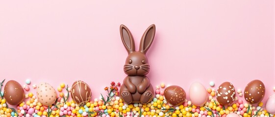 Chocolate easter bunny, eggs and candies on pink background. Easter holiday sweets for egg hunt. Greeting card, flyer with copy space. Flat lay, top view