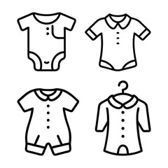 Baby Clothes Line Art Vector Set, Black and white line art vector illustration showcasing various baby clothing styles, including bodysuits and rompers, with minimalist design.
