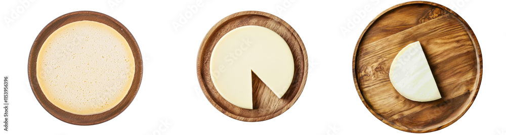 Poster a top-down view of a whole round cheese on a cutting board, set against a transparent background.