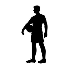 Black soccer player standing silhouette vector illustration design on black background.