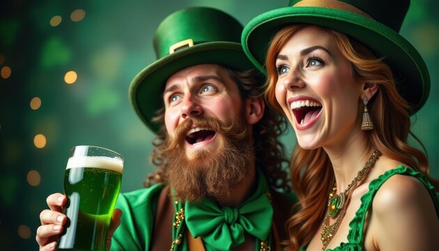 Enthusiastic couple with green beer. For St. Patrick's day, party themes.