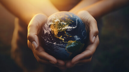 Fototapeta premium Hands Holding a Blue Globe of the Planet, Symbol of Care and Global Responsibility