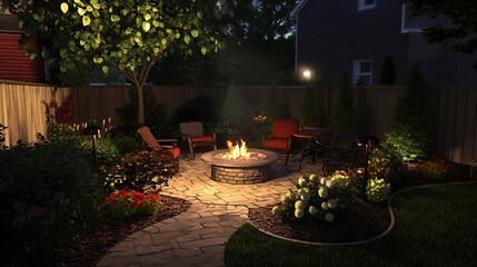 Obraz premium Cozy Backyard Oasis with Firepit and Autumn Inspired Ambiance