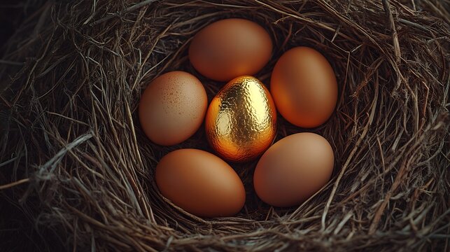 Brown eggs and a golden egg in a nest, dark background. Stand out in crowd concept
