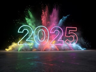 Vibrant 3D Numbers 2025 with Colorful Powder Explosion on Black Background