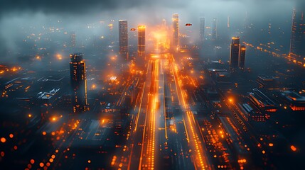 Obraz premium Futuristic city at night, aerial view, orange glow, smog, flying vehicles.