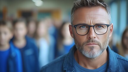 Fototapeta premium Serious man in glasses stands before blurred children.