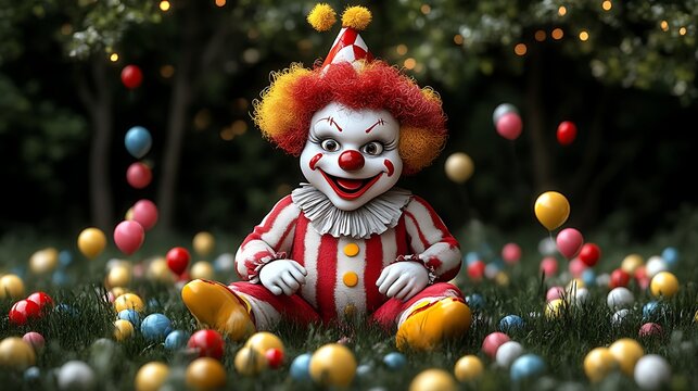 Creepy clown sitting amidst colorful balloons in a dark forest. - Powered by Adobe