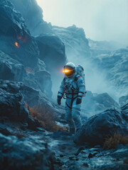 Obraz premium Lone astronaut exploring a foggy alien landscape, with glowing light reflecting off their visor and rugged terrain in the background. Generative AI
