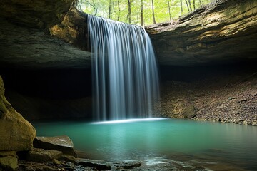 underground waterfall cascading into tranquil pool inside vast cave