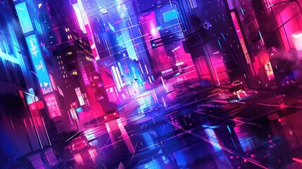 Futuristic city street at night with vibrant neon lights and reflections.
