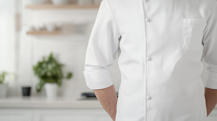 Chef's Confidence: Close-up of a chef's pristine white uniform in a modern kitchen setting, conveying professionalism, culinary expertise, and a passion for food.