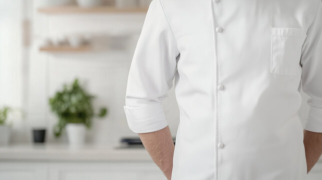Chef's Confidence: Close-up of a chef's pristine white uniform in a modern kitchen setting, conveying professionalism, culinary expertise, and a passion for food.
