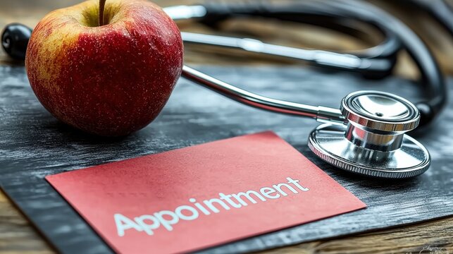 Red apple and stethoscope next to an appointment card on a wooden surface.