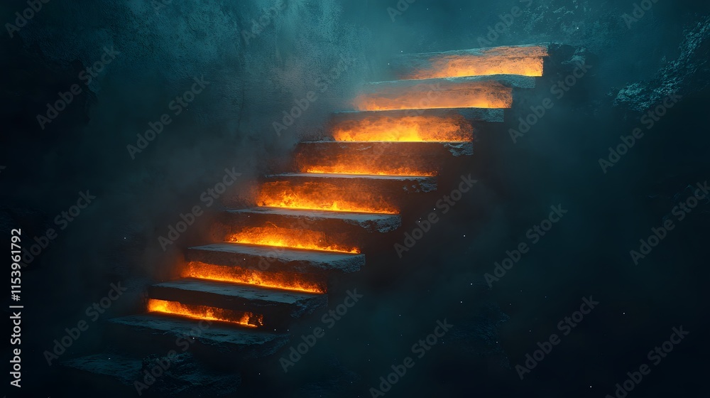 Poster surreal and dramatic image of glowing lava steps leading upwards in a dark, mysterious environment e