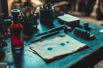 Creative Workspace with Supplies and Vintage Accents for Inspiring Crafts and Hobbies