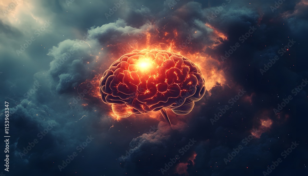 Poster stunning visualization of a brain surrounded by fiery clouds, emanating light and energy, representi