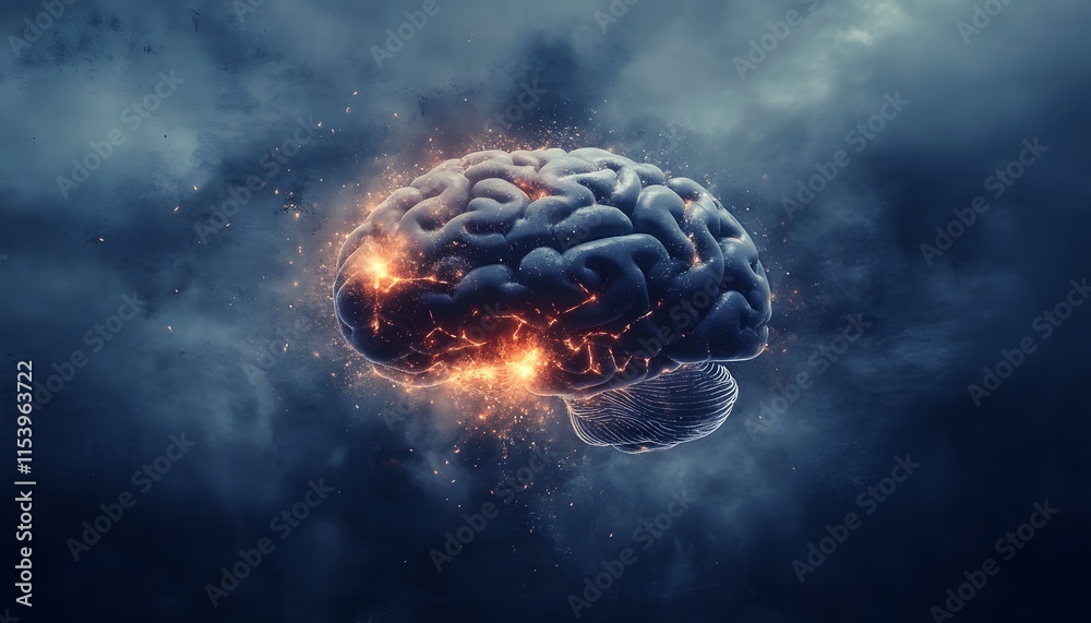 Poster digital artwork of a human brain surrounded by sparks and swirling clouds depicting innovation, crea