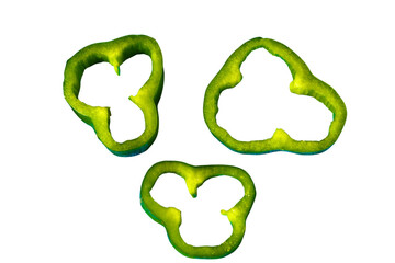 Green pepper slices isolated on a transparent background. Fresh and healthy pepper slices for food, diet and cooking design elements. PNG, Cut out