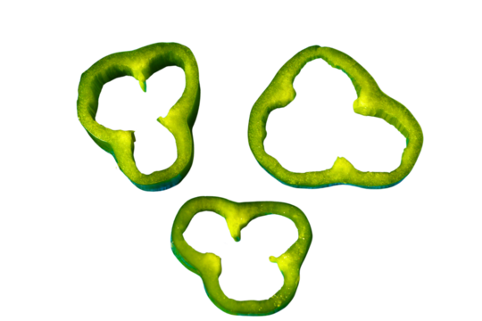 Green pepper slices isolated on a transparent background. Fresh and healthy pepper slices for food, diet and cooking design elements. PNG, Cut out