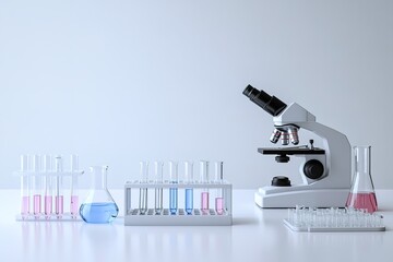 minimalistic photo of laboratory equipment such as test tubes beakers and microscope on clean white table