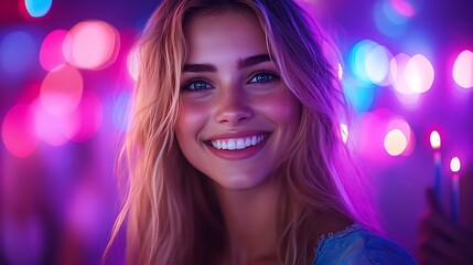 Happy blonde woman smiling brightly in vibrant neon lights.