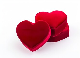 Three red heart-shaped velvet ring boxes on a white background, top view red heart on a white background