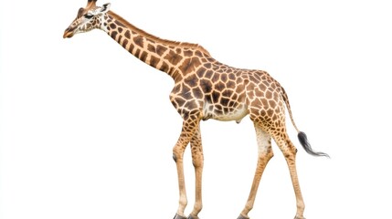 Fototapeta premium A giraffe stands against a white background.