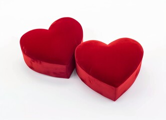 Three red heart-shaped velvet ring boxes on a white background, top view red heart on a white background