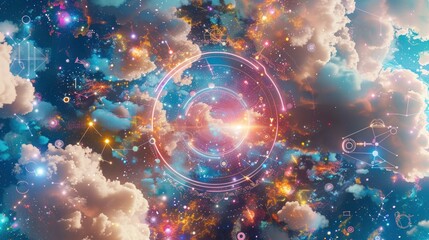 Obraz premium Vibrant cosmic cloudscape with glowing rings and abstract symbols.
