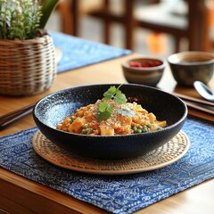 Delicious Plate of Asian-inspired Noodles Garnished With Fresh Cilantro Served in a Cozy Restaurant Setting During Lunch Hours