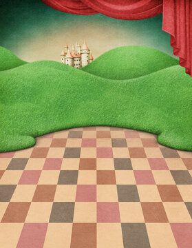 Fairytale background with green landscape and castle hall with curtain. 