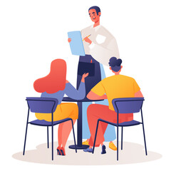 Fototapeta premium Are you ready to make order? Vector hand drawn illustration of cafe, restaurant. Couple itting at table and voice their wishes to waiter after choosing items from menu. Waiter smiles writes down order