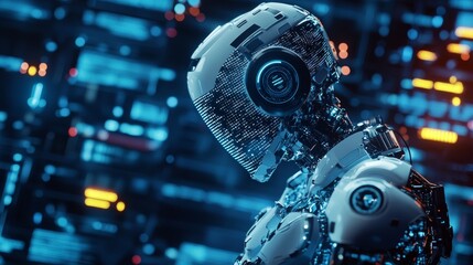 Fototapeta premium Futuristic Humanoid Robot With Digital Features Standing Against a Backdrop of Bright, Illuminated Technology Elements