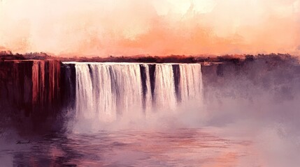 Soft Dawn Light Over a Misty Waterfall