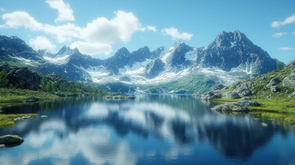 A serene mountain landscape reflecting in a calm lake under a clear blue sky.