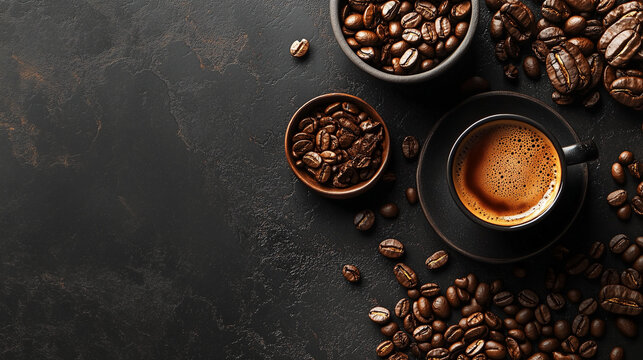design template for a coffee shop including a header and message with bold typography and image, no beans no logo on a dark background, no text.