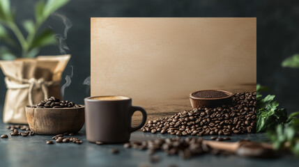 Obraz premium design template for a coffee shop including a header and message with bold typography and image, no beans no logo on a dark background, no text.