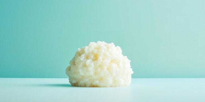 serving of rice pudding displayed on smooth pastel blue surface under diffused directional lighting