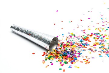 single sparkling silver party popper with colorful confetti spilling out isolated on white backdrop