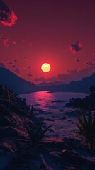 Crimson Sunset Over Tropical Bay