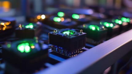 A of small IoT sensors affixed to various pieces of manufacturing equipment each device blinking with LED indicators collecting environmental data like temperature and vibration.