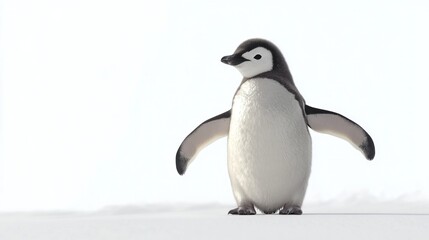 Obraz premium Adorable baby penguin chick standing on snow, wings slightly outstretched.
