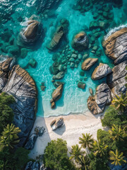 Aerial view of a pristine tropical beach with crystal-clear turquoise water, palm trees casting shadows, and vibrant serenity. Perfect island escape. Generative AI