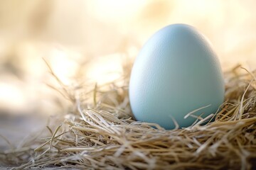 Obraz premium close-up of pastel blue easter egg resting in nest of hay under soft natural light