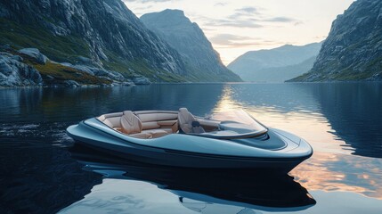 A sleek, futuristic electric boat glides through tranquil waters surrounded by majestic mountains during sunset. A perfect blend of luxury and sustainability.